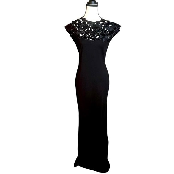 Designer Black Embroidered-Yoke Formal Column Gown Dress Sz 4 $995 Josie Natori - Picture 1 of 7